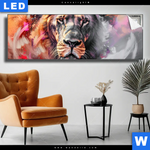 Leuchtbild Loewe Im Farbensturm Panorama Produktvorschau mit dem Bild Löwe im Farbensturm im Format Panorama.