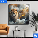 Leuchtbild Loewe Mit Goldenen Fluegeln Quadrat Produktvorschau mit dem Bild Löwe mit goldenen Flügeln im Format Quadrat.