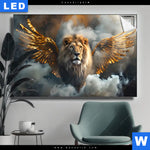 Leuchtbild Loewe Mit Goldenen Fluegeln Querformat Produktvorschau mit dem Bild Löwe mit goldenen Flügeln im Format Querformat.