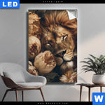 Leuchtbild Loewe Schlaeft In Blueten Hochformat Produktvorschau mit dem Bild Löwe schläft in Blüten im Format Hochformat.