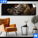 Leuchtbild Loewen Staerke Und Zaertlichkeit Panorama Produktvorschau mit dem Bild Löwen - Stärke und Zärtlichkeit im Format Panorama.