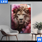 Leuchtbild Loewengesicht In Buntem Rauch Hochformat Produktvorschau mit dem Bild Löwengesicht in buntem Rauch im Format Hochformat.
