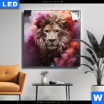 Leuchtbild Loewengesicht In Buntem Rauch Quadrat Produktvorschau mit dem Bild Löwengesicht in buntem Rauch im Format Quadrat.