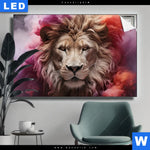 Leuchtbild Loewengesicht In Buntem Rauch Querformat Produktvorschau mit dem Bild Löwengesicht in buntem Rauch im Format Querformat.