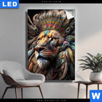 Leuchtbild Loewenkopf Mit Bunten Federn Hochformat Produktvorschau mit dem Bild Löwenkopf mit bunten Federn im Format Hochformat.
