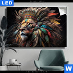 Leuchtbild Loewenkopf Mit Bunten Federn Querformat Produktvorschau mit dem Bild Löwenkopf mit bunten Federn im Format Querformat.