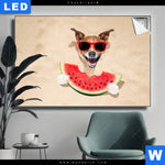 Leuchtbild Lustiger Hund Am Strand Querformat Produktvorschau mit dem Bild Lustiger Hund am Strand im Format Querformat.