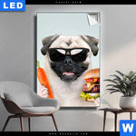 Leuchtbild Lustiger Hund Mit Burger Hochformat Produktvorschau mit dem Bild Lustiger Hund mit Burger im Format Hochformat.