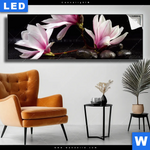 Leuchtbild Magnolien Zen Steine Panorama Produktvorschau mit dem Bild Magnolien & Zen Steine im Format Panorama.