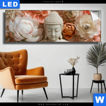 Leuchtbild Meditierender Buddha Mit Blueten Panorama Produktvorschau mit dem Bild Meditierender Buddha mit Blüten im Format Panorama.