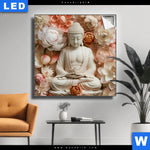 Leuchtbild Meditierender Buddha Mit Blueten Quadrat Produktvorschau mit dem Bild Meditierender Buddha mit Blüten im Format Quadrat.