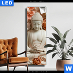 Leuchtbild Meditierender Buddha Mit Blueten Schmal Produktvorschau mit dem Bild Meditierender Buddha mit Blüten im Format Schmal.