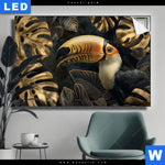 Leuchtbild Monstera Und Tukan Gold Querformat Produktvorschau mit dem Bild Monstera und Tukan Gold im Format Querformat.