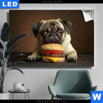 Leuchtbild Mops Mit Cheeseburger Querformat Produktvorschau mit dem Bild Mops mit Cheeseburger im Format Querformat.