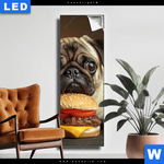 Leuchtbild Mops Mit Cheeseburger Schmal Produktvorschau mit dem Bild Mops mit Cheeseburger im Format Schmal.