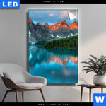 Leuchtbild Moraenensee Sonnenaufgang Hochformat Produktvorschau mit dem Bild Moränensee Sonnenaufgang im Format Hochformat.