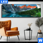 Leuchtbild Moraenensee Sonnenaufgang Panorama Produktvorschau mit dem Bild Moränensee Sonnenaufgang im Format Panorama.