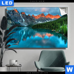 Leuchtbild Moraenensee Sonnenaufgang Querformat Produktvorschau mit dem Bild Moränensee Sonnenaufgang im Format Querformat.