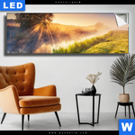 Leuchtbild Nebel Am Fluss Panorama Produktvorschau mit dem Bild Nebel am Fluss im Format Panorama.