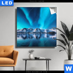 Leuchtbild Nordlichter Und Schneebedeckte Berge Quadrat Produktvorschau mit dem Bild Nordlichter und schneebedeckte Berge im Format Quadrat.