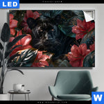 Leuchtbild Panther Und Rote Blueten Querformat Produktvorschau mit dem Bild Panther und rote Blüten im Format Querformat.