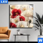 Leuchtbild Rote Und Weisse Mohnblumen Quadrat Produktvorschau mit dem Bild Rote und weiße Mohnblumen im Format Quadrat.