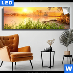 Leuchtbild Ruhiger Morgen Am See Panorama Produktvorschau mit dem Bild Ruhiger Morgen am See im Format Panorama.
