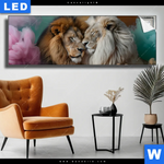Leuchtbild Sanfte Loewenmomente In Buntem Nebel Panorama Produktvorschau mit dem Bild Sanfte Löwenmomente in buntem Nebel im Format Panorama.