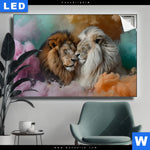 Leuchtbild Sanfte Loewenmomente In Buntem Nebel Querformat Produktvorschau mit dem Bild Sanfte Löwenmomente in buntem Nebel im Format Querformat.