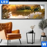 Leuchtbild Schwan Im Teich Panorama Produktvorschau mit dem Bild Schwan im Teich im Format Panorama.