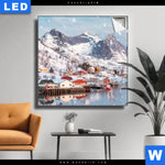 Leuchtbild Skandinavisches Dorf Im Schnee Quadrat Produktvorschau mit dem Bild Skandinavisches Dorf im Schnee im Format Quadrat.