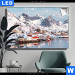 Leuchtbild Skandinavisches Dorf Im Schnee Querformat Produktvorschau mit dem Bild Skandinavisches Dorf im Schnee im Format Querformat.