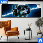 Leuchtbild Skelett Kopfhoerer Panorama Produktvorschau mit dem Bild Skelett & Kopfhörer im Format Panorama.