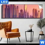 Leuchtbild Sonnenaufgang In Dubai Panorama Produktvorschau mit dem Bild Sonnenaufgang in Dubai im Format Panorama.