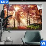 Leuchtbild Sonnenlicht Im Nebligen Wald Querformat Produktvorschau mit dem Bild Sonnenlicht im nebligen Wald im Format Querformat.