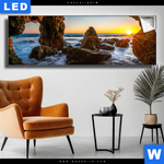 Leuchtbild Sonnenuntergang In Meeresgrotte Panorama Produktvorschau mit dem Bild Sonnenuntergang in Meeresgrotte im Format Panorama.