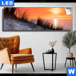 Leuchtbild Sonnenuntergang Mit Duene Und Meer Panorama Produktvorschau mit dem Bild Sonnenuntergang mit Düne und Meer im Format Panorama.