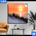 Leuchtbild Sonnenuntergang Mit Duene Und Meer Quadrat Produktvorschau mit dem Bild Sonnenuntergang mit Düne und Meer im Format Quadrat.