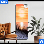 Leuchtbild Sonnenuntergang Mit Duene Und Meer Schmal Produktvorschau mit dem Bild Sonnenuntergang mit Düne und Meer im Format Schmal.