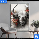 Leuchtbild Starker Bulle Mit Blumen Hochformat Produktvorschau mit dem Bild Starker Bulle mit Blumen im Format Hochformat.