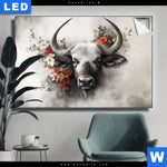 Leuchtbild Starker Bulle Mit Blumen Querformat Produktvorschau mit dem Bild Starker Bulle mit Blumen im Format Querformat.