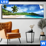 Leuchtbild Traumstrand Unter Palmen Panorama Produktvorschau mit dem Bild Traumstrand unter Palmen im Format Panorama.