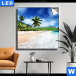 Leuchtbild Traumstrand Unter Palmen Quadrat Produktvorschau mit dem Bild Traumstrand unter Palmen im Format Quadrat.