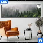 Leuchtbild Wald Im Nebel Panorama Produktvorschau mit dem Bild Wald im Nebel im Format Panorama.