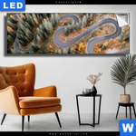 Leuchtbild Wald Strasse Von Oben Panorama Produktvorschau mit dem Bild Wald & Straße von oben im Format Panorama.