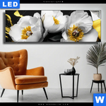 Leuchtbild Weisse Blumen Mit Gold Panorama Produktvorschau mit dem Bild Weiße Blumen mit Gold im Format Panorama.