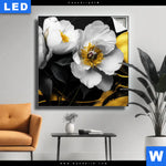 Leuchtbild Weisse Blumen Mit Gold Quadrat Produktvorschau mit dem Bild Weiße Blumen mit Gold im Format Quadrat.