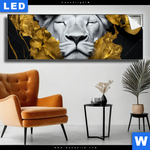 Leuchtbild Weisse Loewin Mit Goldblueten Panorama Produktvorschau mit dem Bild Weiße Löwin mit Goldblüten im Format Panorama.