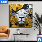 Leuchtbild Weisse Loewin Mit Goldblueten Quadrat Produktvorschau mit dem Bild Weiße Löwin mit Goldblüten im Format Quadrat.
