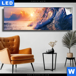 Leuchtbild Welle Im Sonnenuntergang Panorama Produktvorschau mit dem Bild Welle im Sonnenuntergang im Format Panorama.